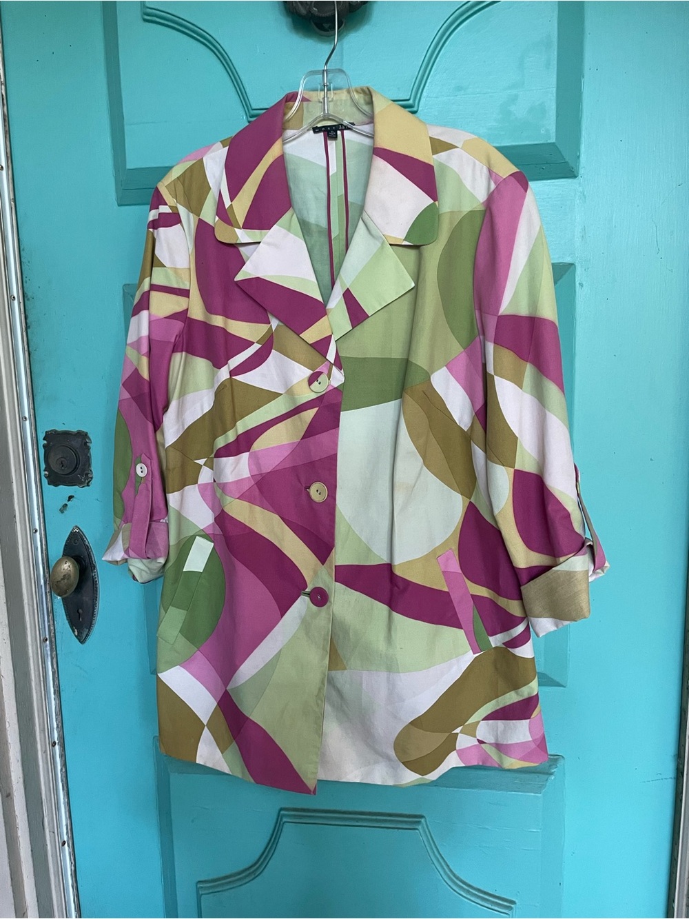Abstract Print Button-Front Women’s Top in Pink and Green XL